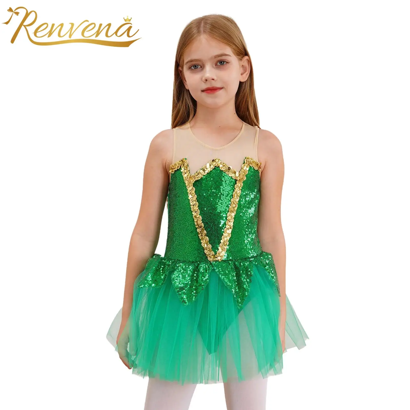 Kids Girls Sequins Ballet Dance Dress Green Halloween Elf Mesh Tutu Gymastics Leotard Figure Skating Dress Performance Costume