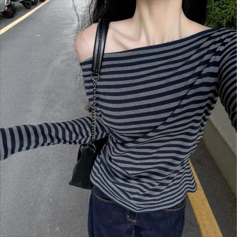 Women Vintage Striped Off Shoulder Long Sleeve Top Korean Lazy Slant Shoulder Slim Casual Blouse