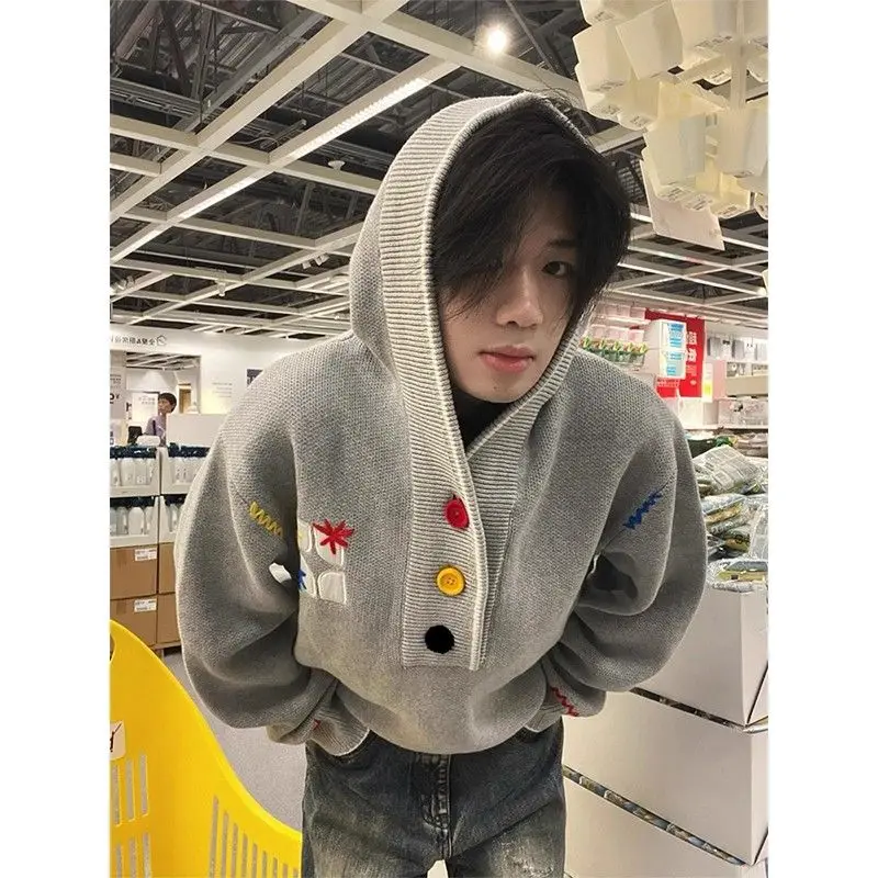 

Американский ретро-худи с вышивкой, вязаный, свободного кроя, в стиле ленивого шик, повседневный осенний свитер-куртка из смесового полиэстера