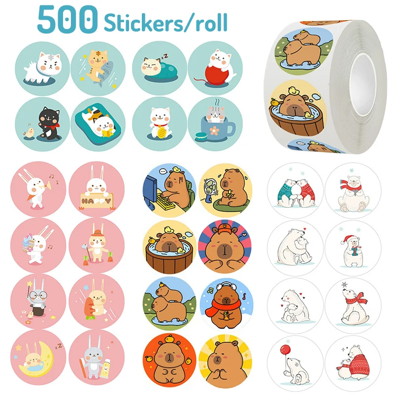 

Многоупаковка из 500 наклеек с мультяшными животными с капибарой, капибалой, кроликом, котом, медведем для подарочных пакетов и выпечки