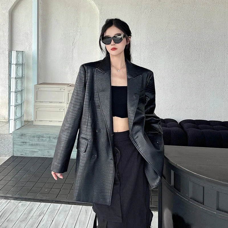 المرأة الجديدة عالية الجودة الأسود بولي Leather الجلود الحلل معطف ربيع الخريف الكورية مزاجه فضفاض الإناث لينة فو الجلود الدعاوى سترة