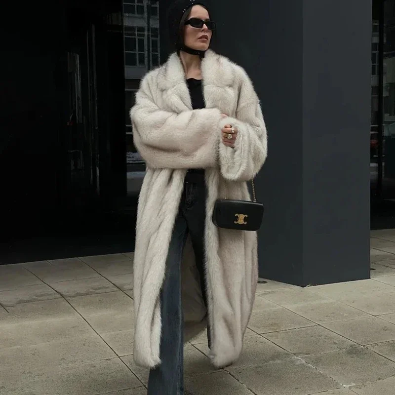 

Full Sleeves Faux Long Coat Women's Fashion Casual Lapel Loose Warm Overcoats 2025 Winter New Daily High Street Outwear