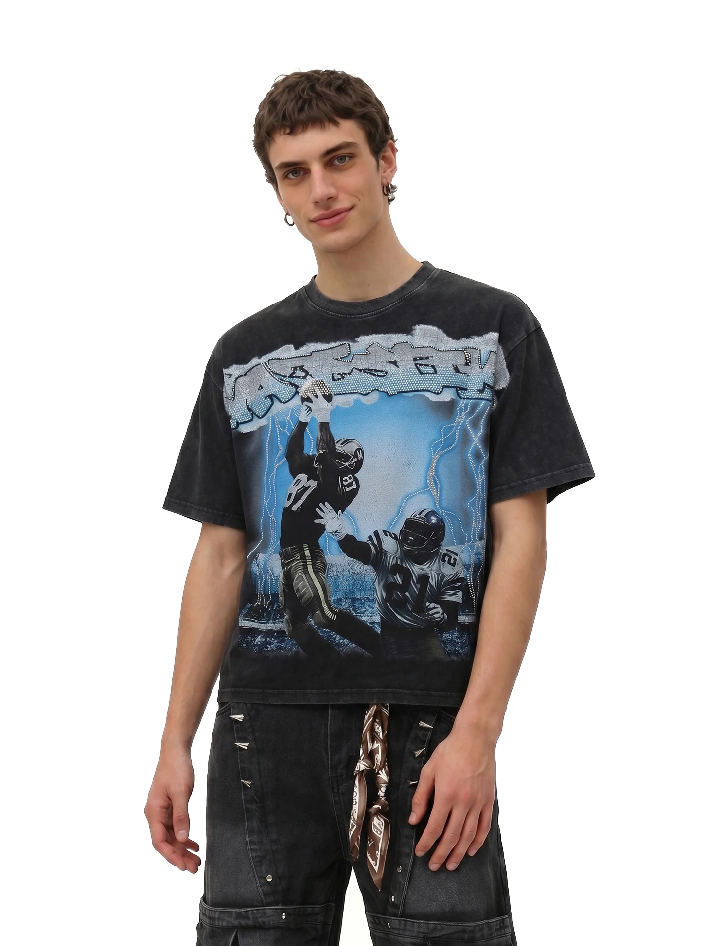 

BETEBULE American High Street Printed Rhinestone Short Sleeve Men's T-shirt Summer Loose Half Sleeve Top INS Fashion Brand