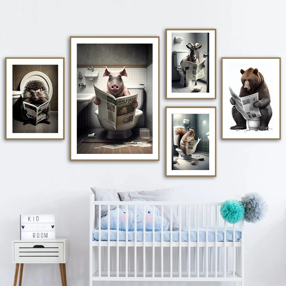 Funny Toilet Animals Wall Art Poster Prints Cow Dog Tiger Reading Newspaper Canvas Painting Picture for Bathroom Room Home Decor