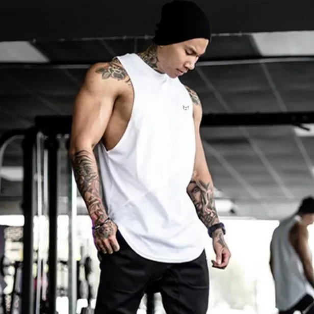Mens Tank Tops Athletic Sleeveless A-Shirt Patchwork Curved Hem Cotton Undershirt for Workout Training Basic Top Tee