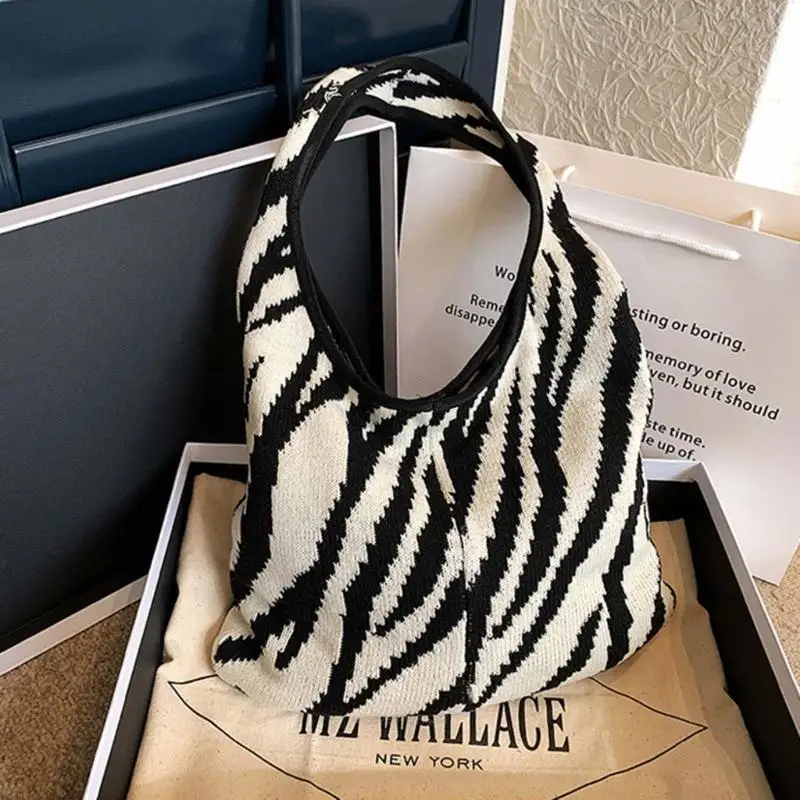 

X5XA Zebras Pattern Knitted Shoulder Bag Large Capacity Handbag Fashion Shopping Bags