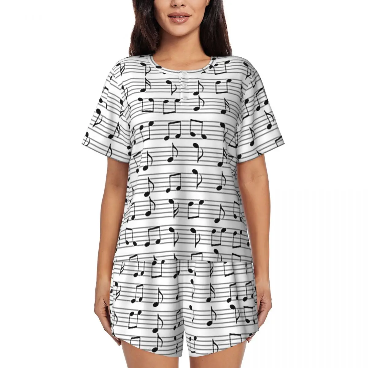 

Abstract Piano Keys With Musical Notes Round Neck Short Sleeves Nightdress for Sleepshirts Women Soft Pajama Set Short Pants
