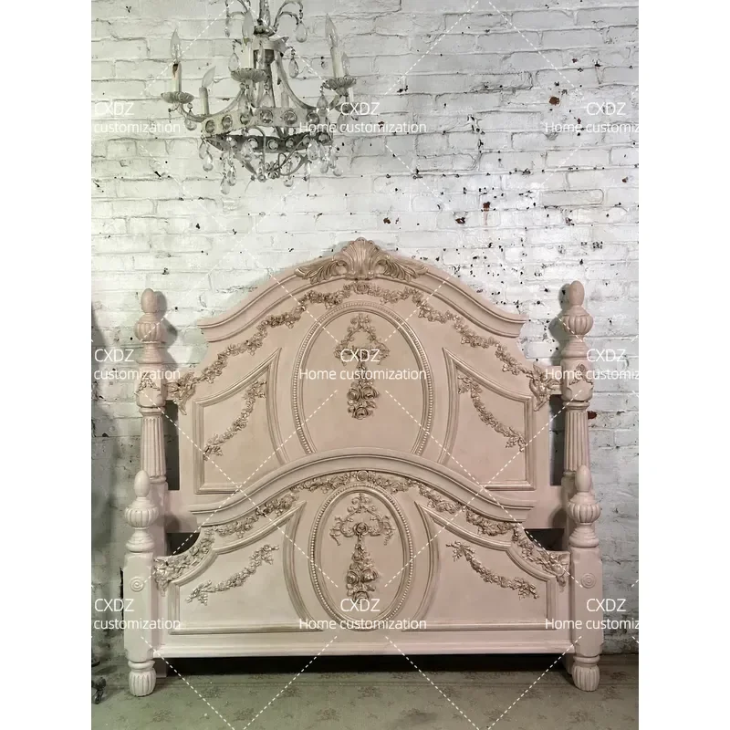 Light Pink Gilt Flower Carving Double Bed Curved Bedside Column Romantic Bedroom Solid Wood Wedding Bed