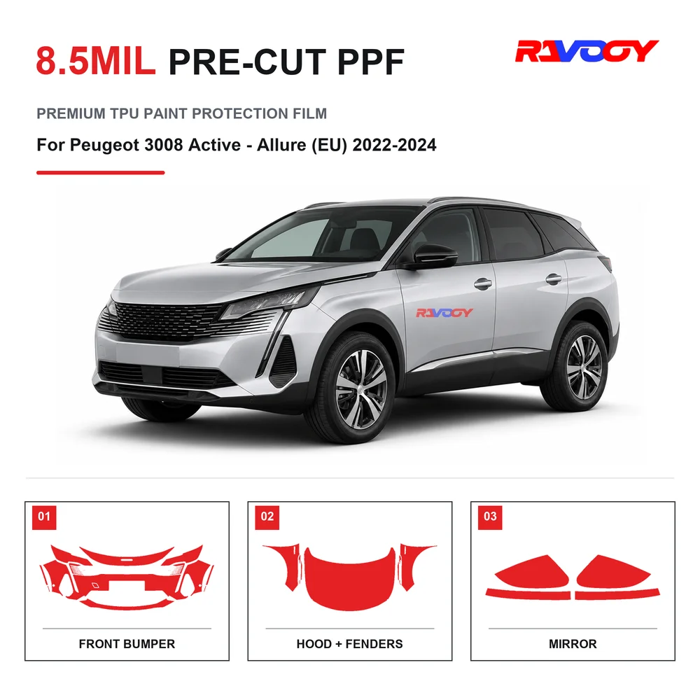 Precut PPF For Peugeot 3008 Active - Allure (EU) 2022-2024 8.5mil TPU Clear Paint Protection Film Self Healing Hydrophobic UV
