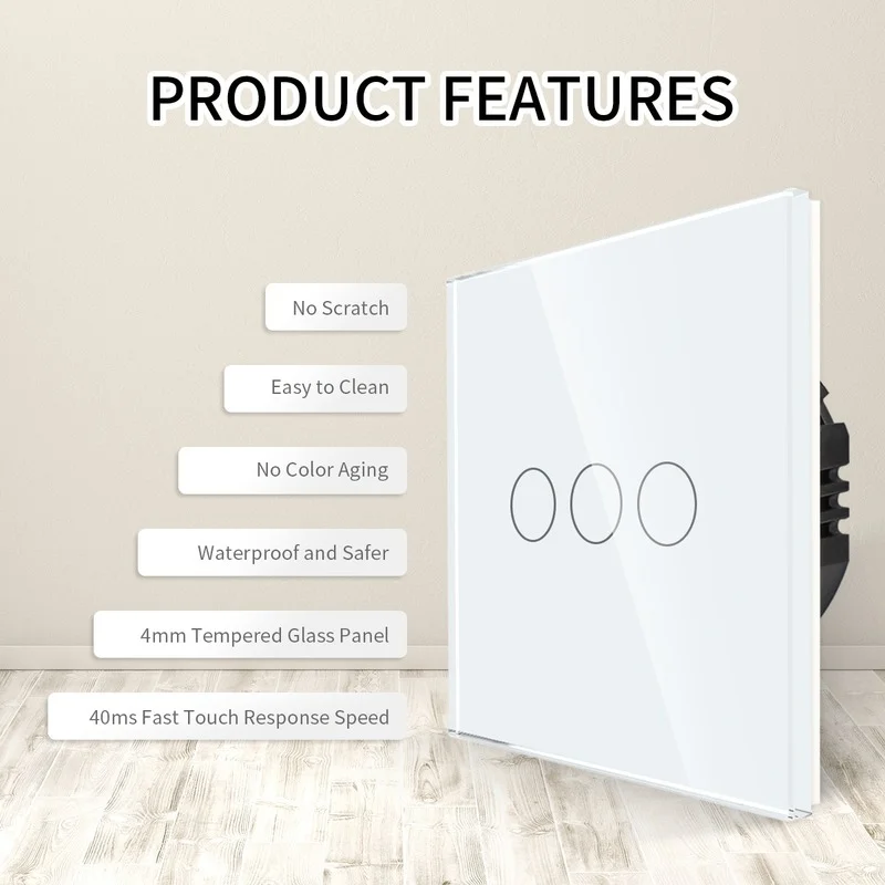 Bingoelec EU Light Switch AC100-240V Tempered Black White Crystal Glass Panel Touch Wall Light Sensor Button LED Indicator