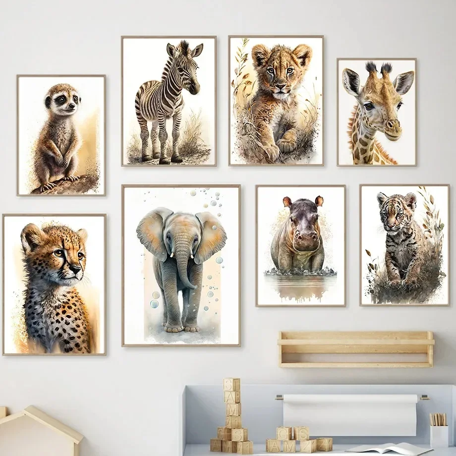 Canvas Painting Wall Art Print Pictures Giraffe Elephant Tiger Zebra Orangutan Lion Cartoon Posters Nursery Baby Kids Room De