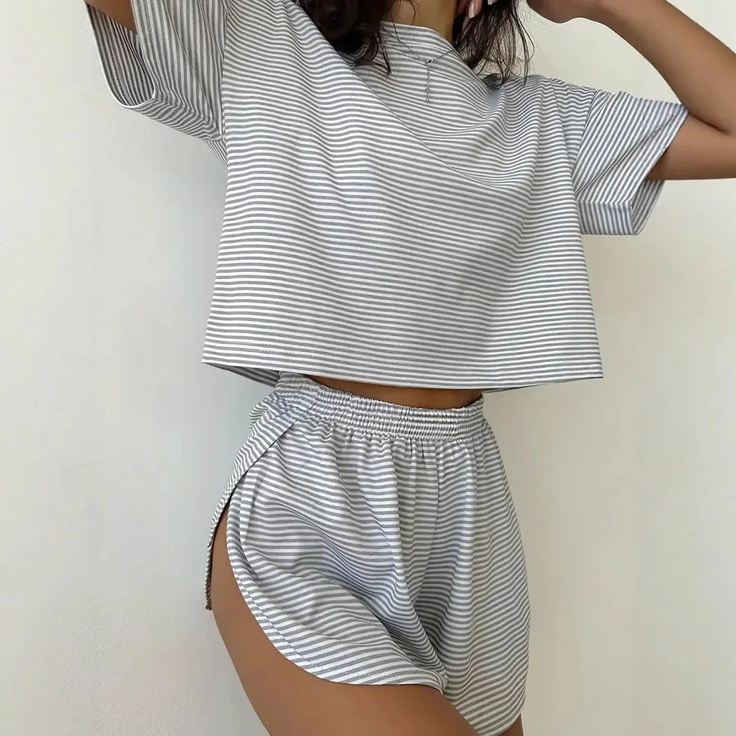 

2026 Summer Simple and Comfortable Striped Short-sleeved Elastic Waist Shorts Loungewear Two-piece Set for Women