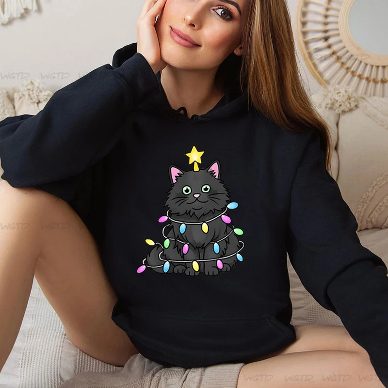 Women’s Graphic Funny Comic Black Cat Christmas Long Sleeves Hoodies Casual Cartoon Creative Merry Christmas Female Sweatshirts