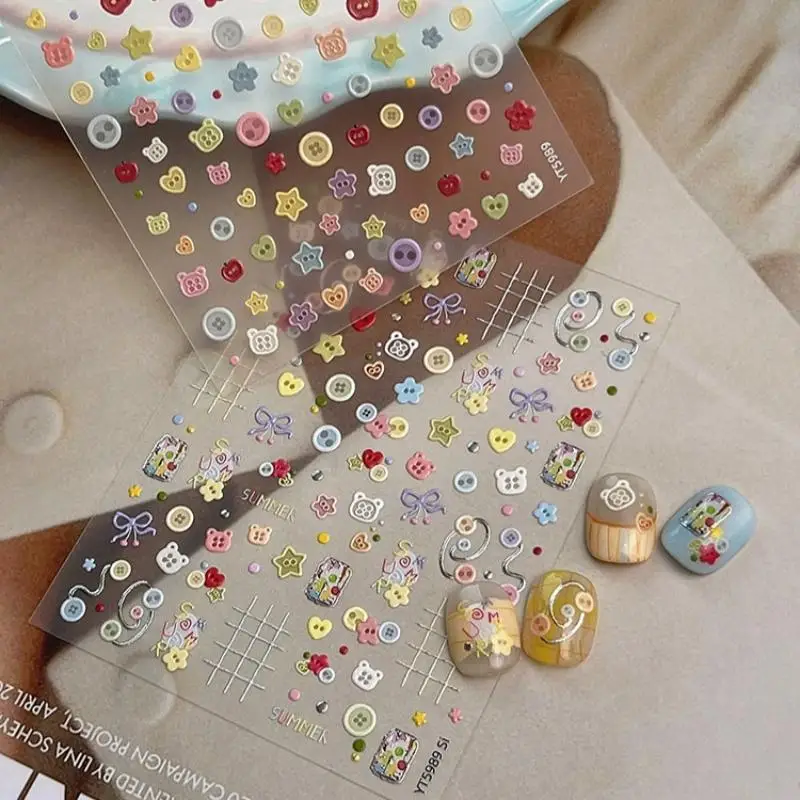 Kawaii Cartoon Embossed Button Nail Stickers Self Adhesive DIY Scrapbook Nail Art Decals