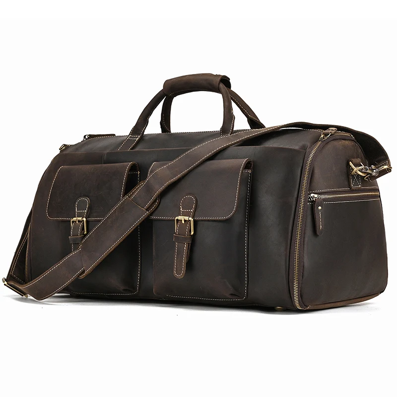 Luufan Genuine Leather Man Business Travel Bag Folding Suit Travel Duffel With Shoe Pocket Cowhide Luggage Duffel Bag For Suits