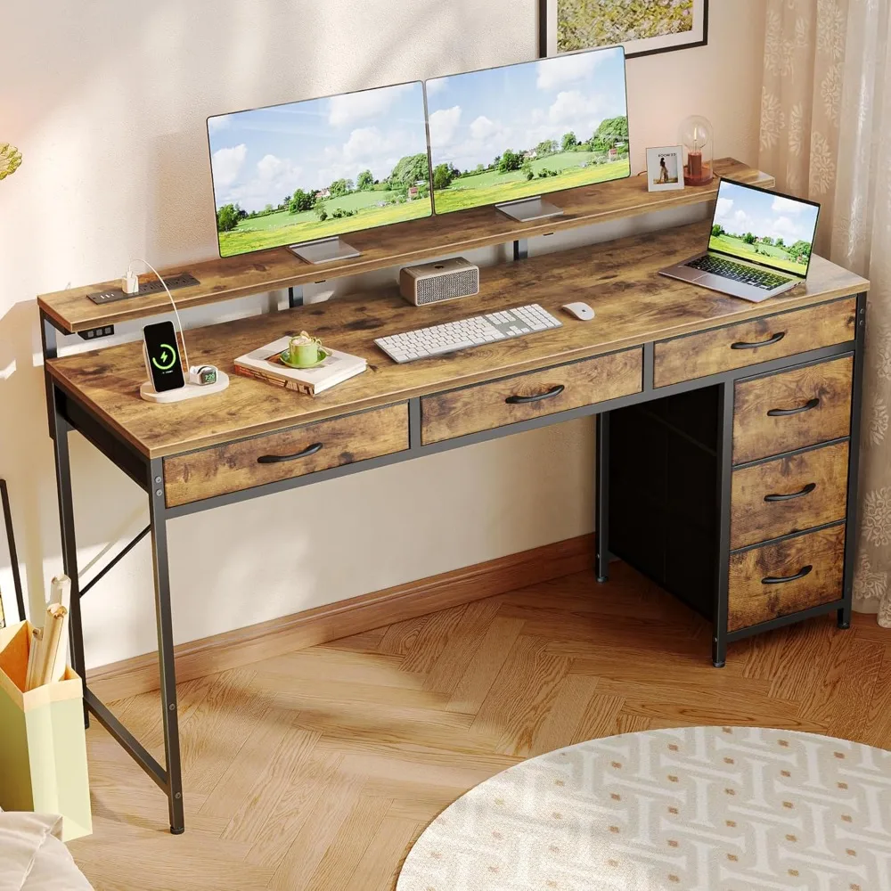

Gaming Desk with 6 Drawers, Computer Desk with LED Lights Power Outlets and Type-C, 55 Inch Office Desk with Storage, Mon