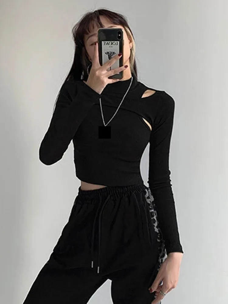 Hollow Knitted Crop Tops Women New Fitness Fake Two-piece T-shirt Female Black White Long Sleeve Tops