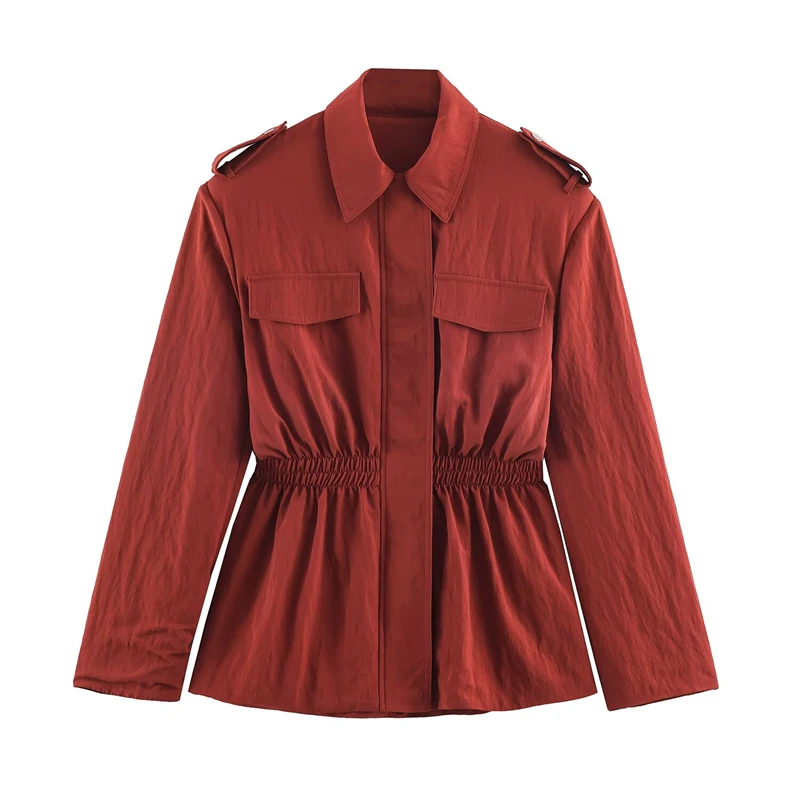 Ladies Lapel Collar Utility Jacket Elastic Waist With Cargo Pockets Casual Long Sleeve Outerwear for Daily Weekend Street Outfit