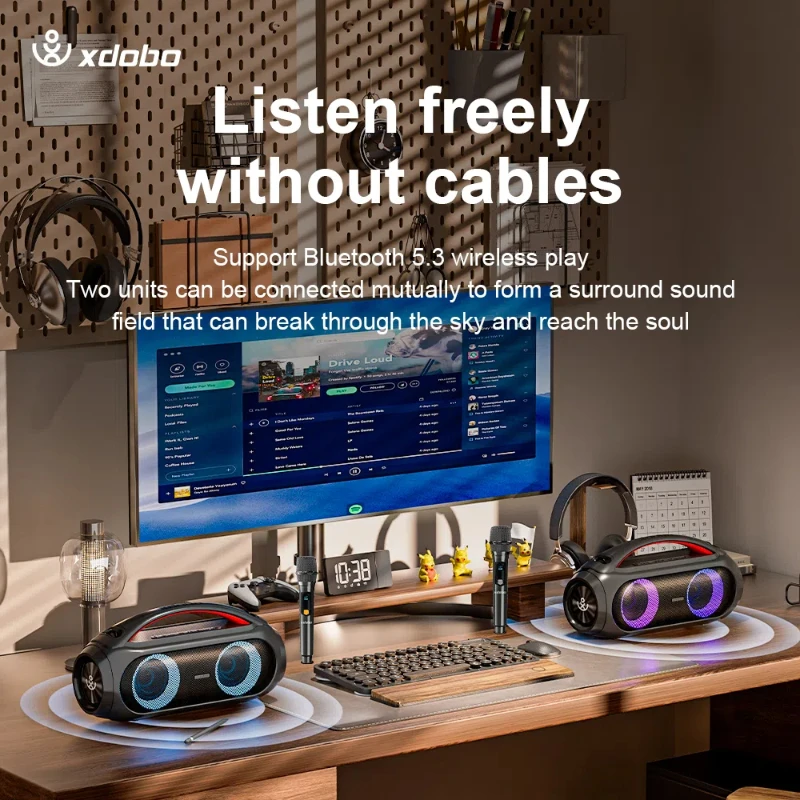 مضخم صوت XDOBO Vibe Plus Karaoke HI-FI محمول خارجي مقاوم للماء عالي الجودة بلوتوث 5.3 مكبر صوت عالي الطاقة 80 وات أضواء RGB