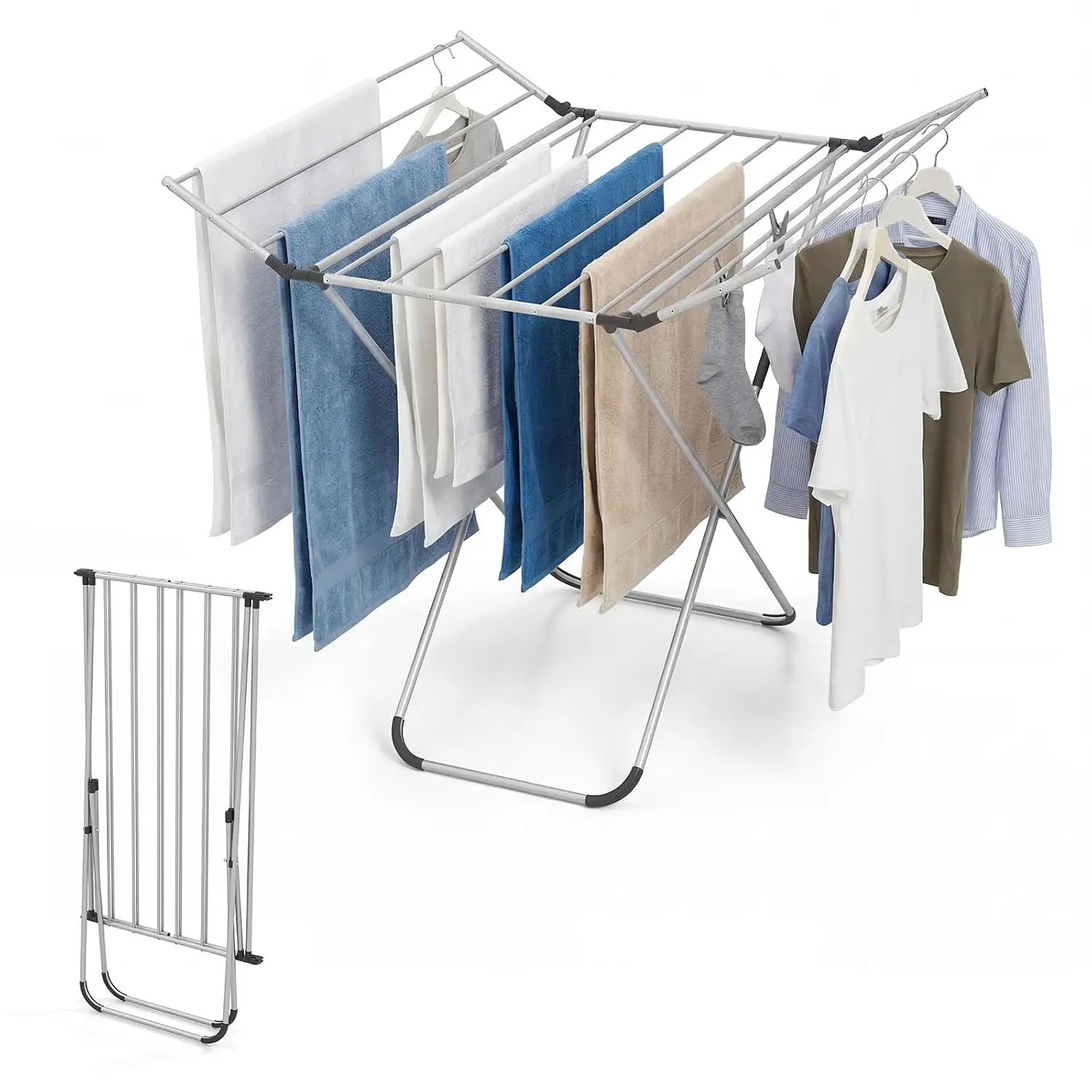 Clothes Drying Rack, Laundry Drying Rack with 2 Foldable Wings, 14 Drying Rods, Free-Standing Collapsible Laundry Airer