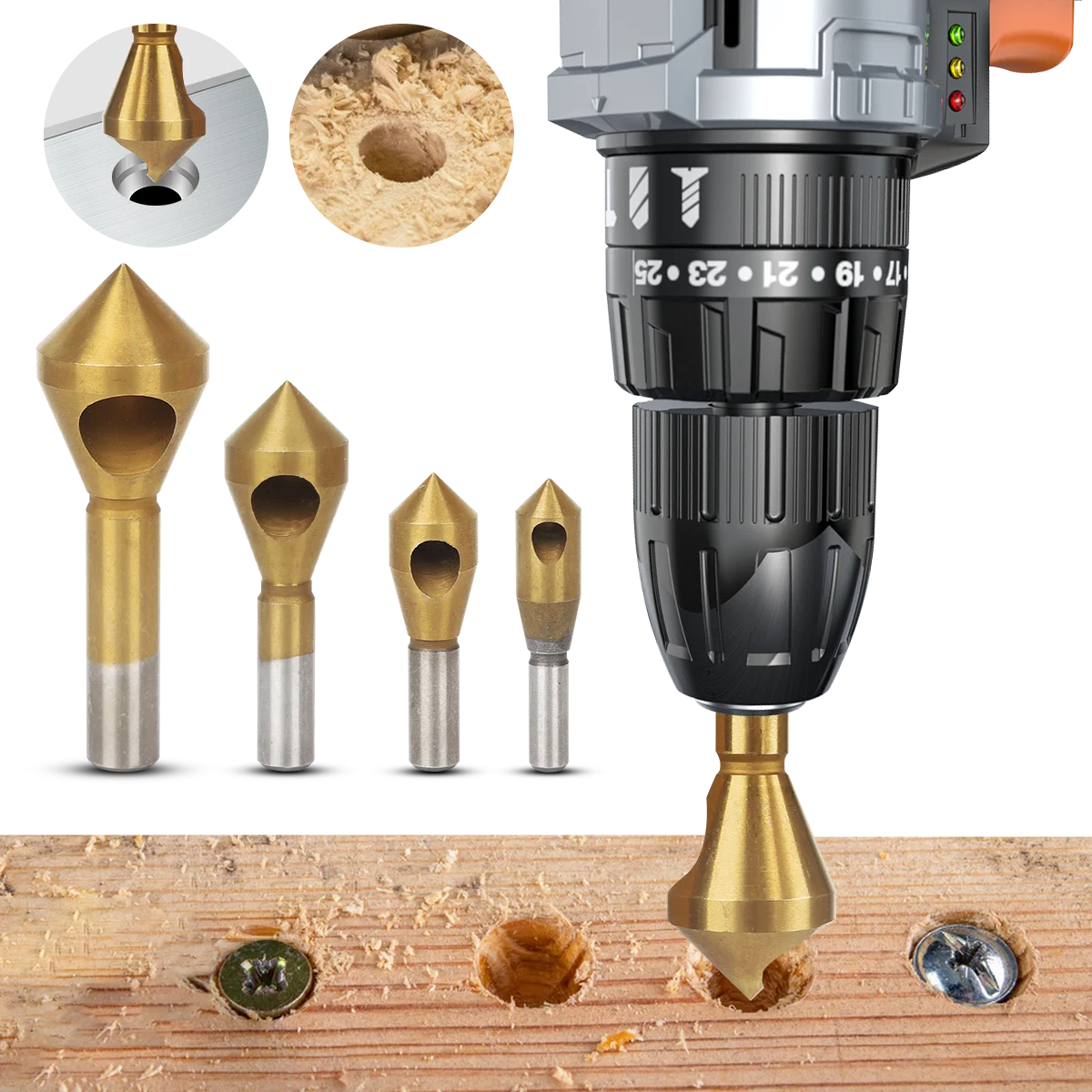 4pc Titanium-Plated Coated Countersink Drill Bit Deburring Drill Taper Hole Cutter Countersunk Head Chamfering Tools