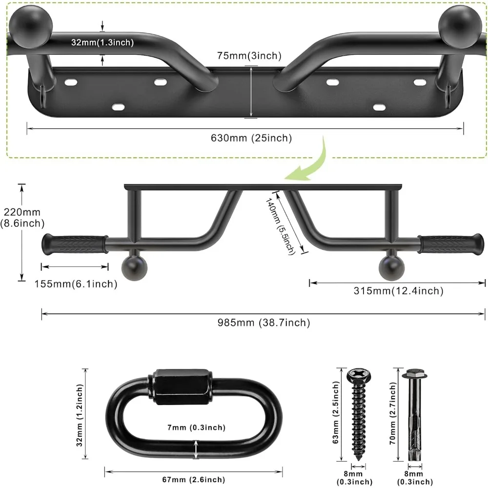 قضيب سحب عالي التحمل مثبت على الحائط بسعة 500 رطل، قضيب متعدد الوظائف للذقن مع خطافات شريطية مقاومة وتدريب الأصابع #6