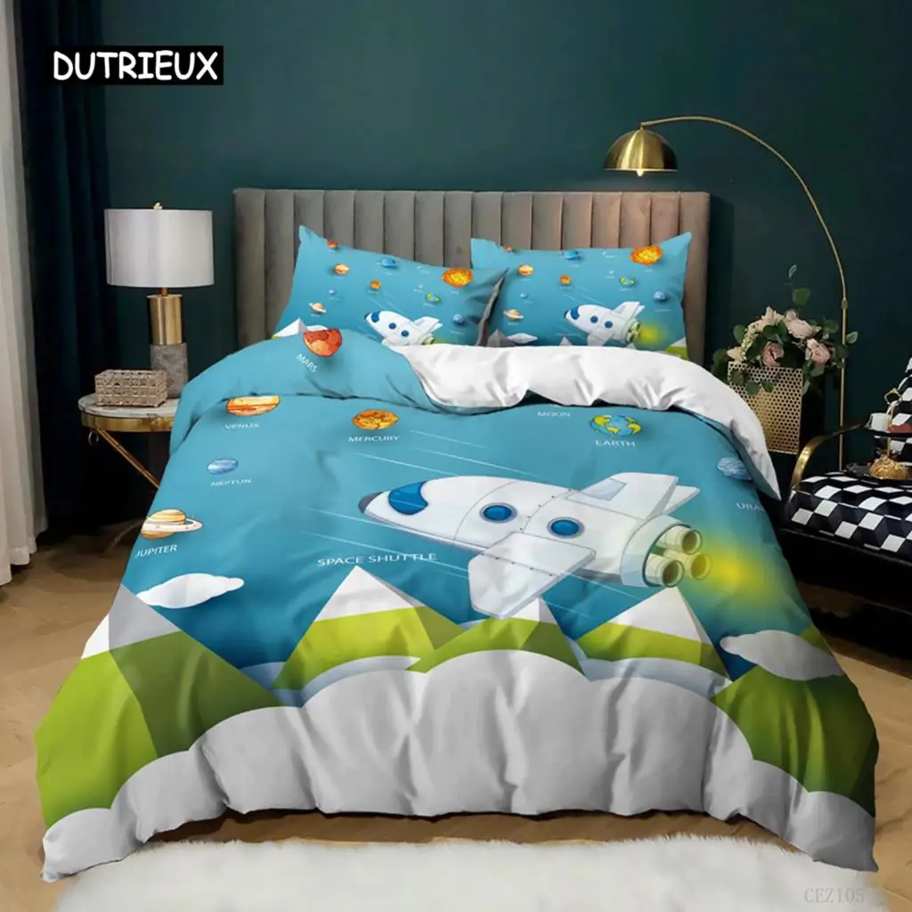 

3D Rocket Duvet Cover Set Twin Size Microfiber Space Shuttle Galaxies Bedding Set for Kids Teens Boys Cartoon Style Quilt Cover