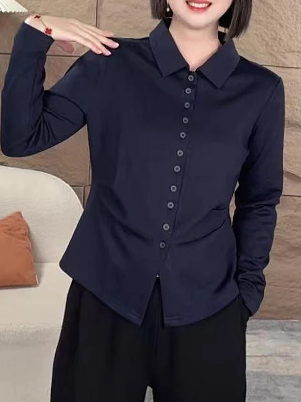 

Женская рубашка больших размеров с длинным рукавом, плиссированным дизайном и отложным воротником, с эффектом похудения, подходит для полных женщин, весенняя одежда.