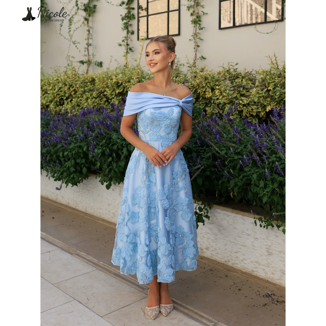 

Nicole Custom Made Elegant Party Dresses for Women Luxury Evening Dress 2025 Straight 2D Embroidery Flowers Card Shoulder Prom