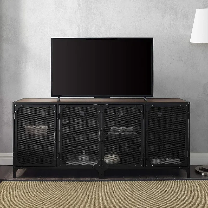 Malcomb Urban Industrial 4 Door Metal Mesh TV Console for TVs up to 65 Inches, 60 Inch, Dark Walnut