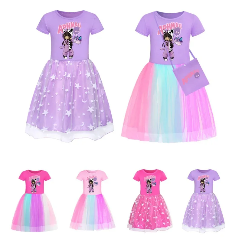 Aphmau 2024 game dress kids cartoon short sleeve mesh casual dresses toddler girls elegant Princess vestidos baby girl clothes