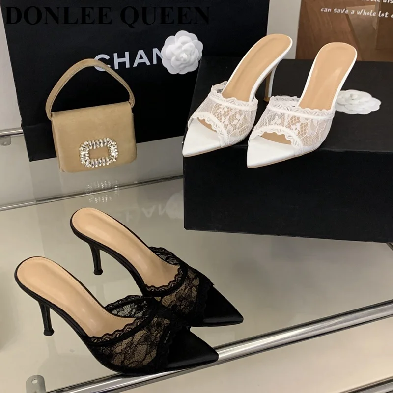 

Elegant Thin High Heels Slides Shoes Women Peep Toe Pumps 2026 New Summer Lace Breathable Sandals For Party Dress Shoes Female
