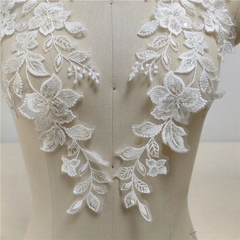 2PCS Off White Lace Fabric 3D Flower Tassel Beads Rhinestone Embroidered Wedding Gown Appliques Sew Patch For Dress DIY Decor