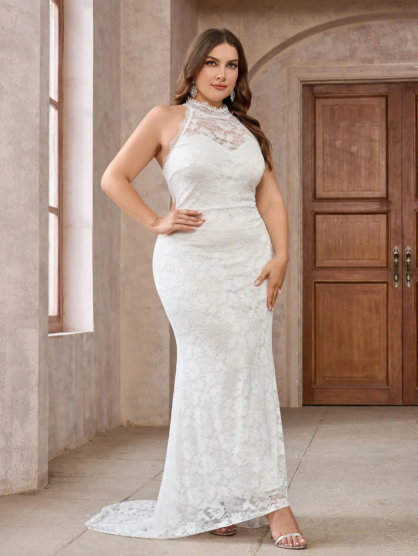 Plus Size Wedding Dresses Fashion Temperament Elegant White Lace Mesh Splicing Dress Sleeveless Backless Evening Party Dresses