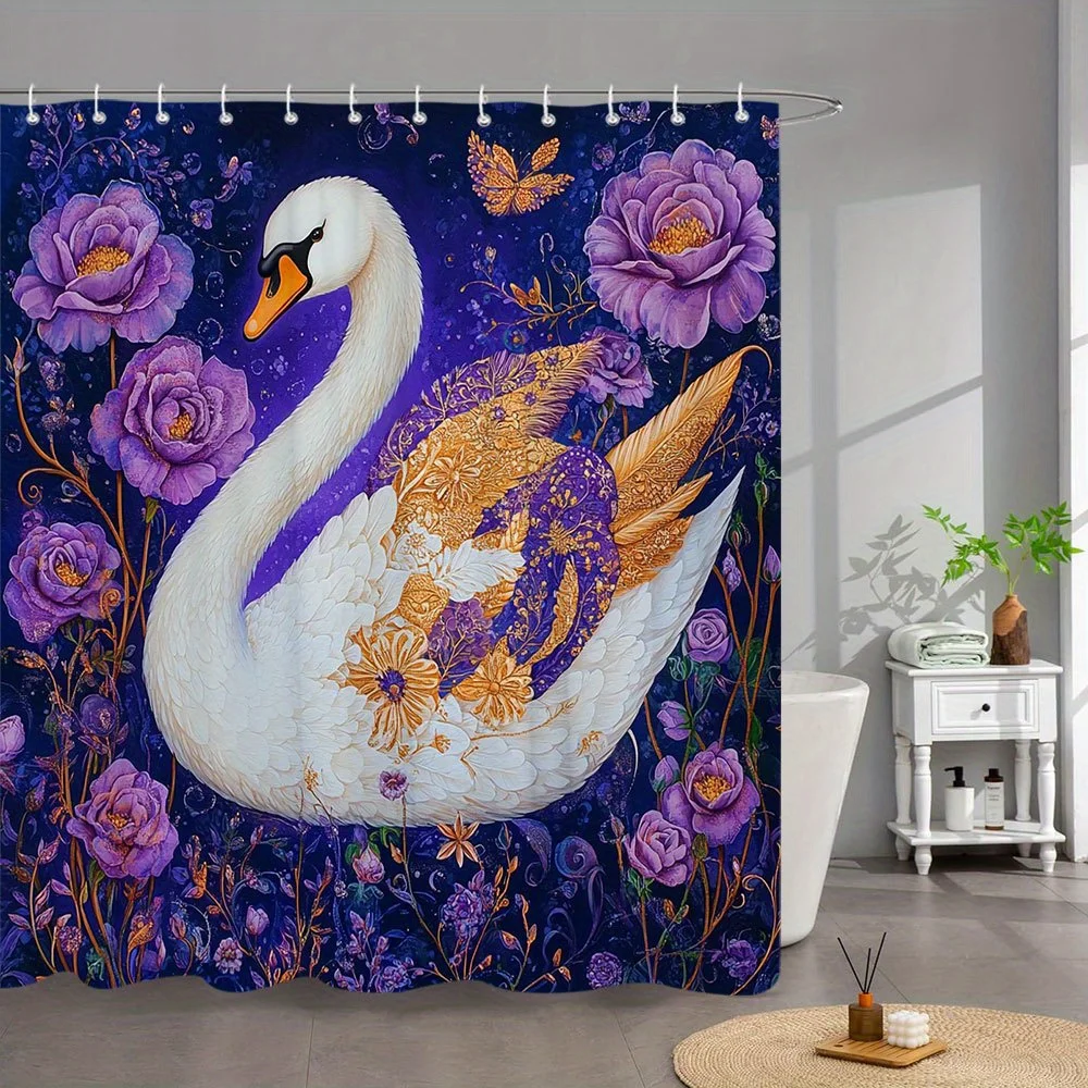

1 шт. Элегантная занавеска для ванной «Лебедь» с золотистым цветочным и фиолетовым лавандовым дизайном, химерными акцентами-бабочками, 12 крючков,