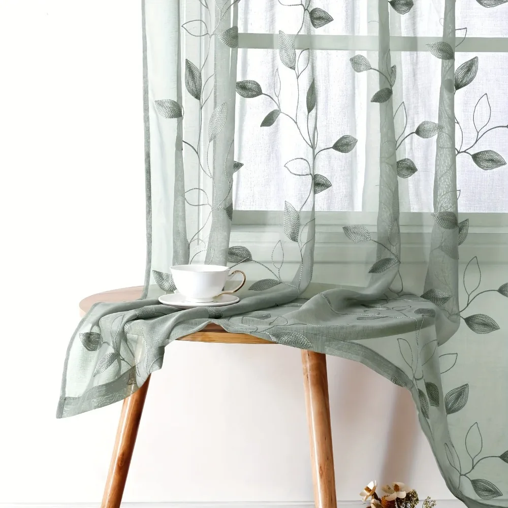 2PCS Semi-Transparent Embroidered Leaf Window Thin Curtain Through-shaft Type Soft Window Sheer Modern Style Washable