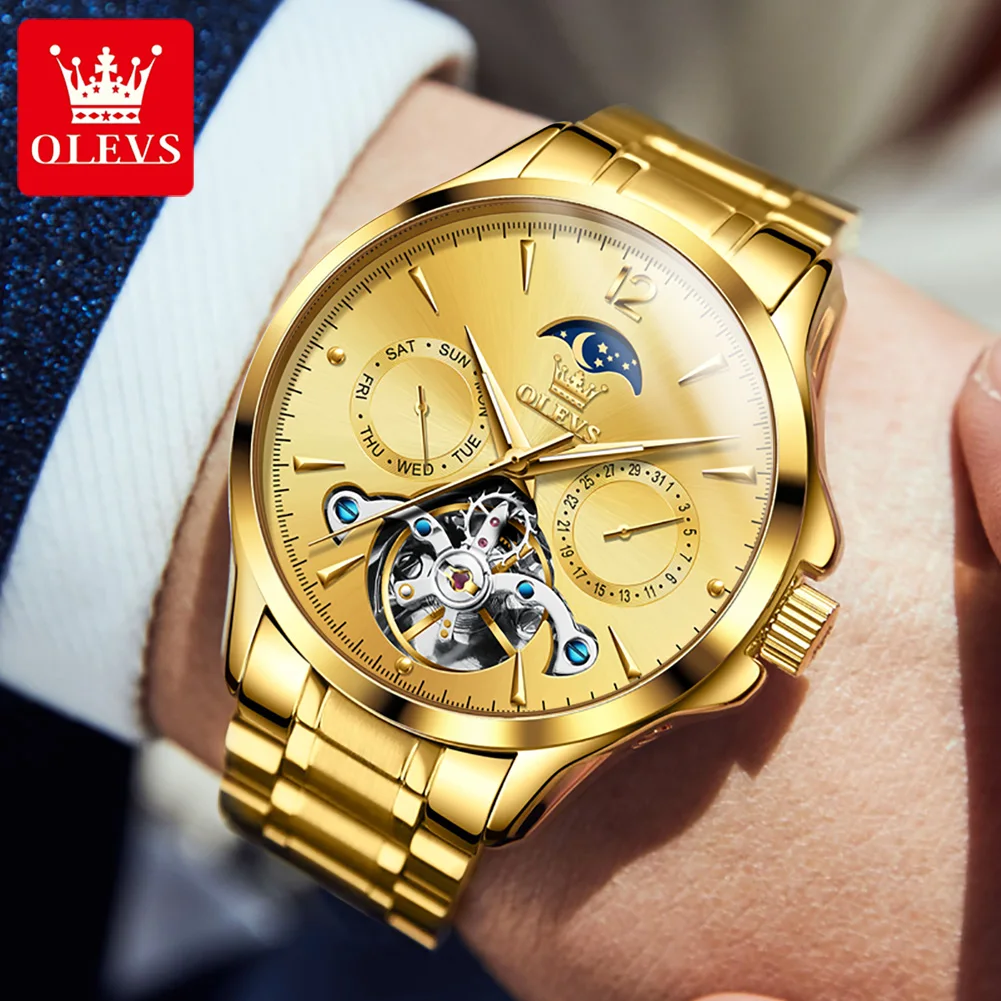 Olves Male Business Boss Watch Automatic Mechanical Waterproof Luminous Wristwatches Fashion Stainless Steel Strap Men's Watchs