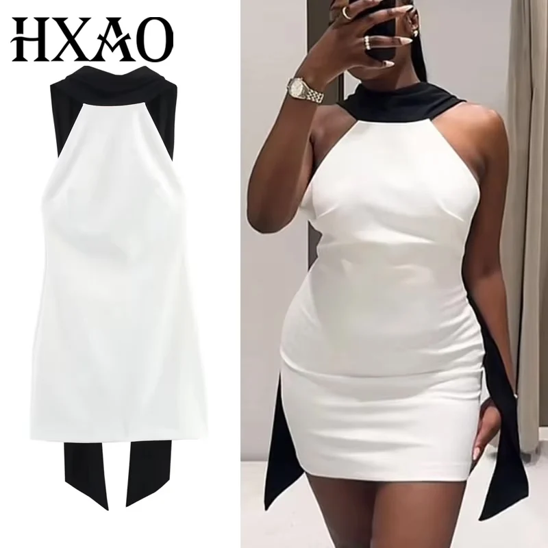 Sukienka damska HXAO 2025, biała mini sukienka typu halter, z odkrytymi ramionami, elegancka sukienka na imprezę, letnia sukienka damska bez pleców, krótka sukienka 088