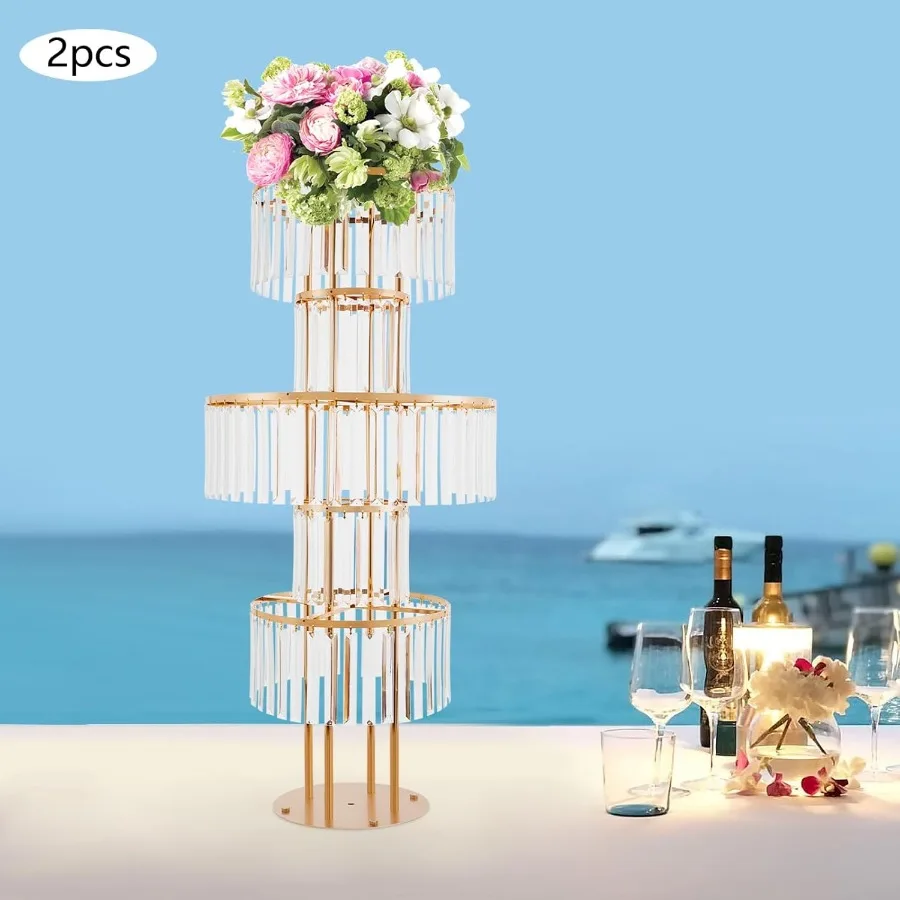 قطعتان من قاعدة الزهور الكريستالية الفضية شديدة التحمل من الأكريليك المعدني مع كريستالات معلقة لتزيين الطاولة الأنيقة باللون الذهبي