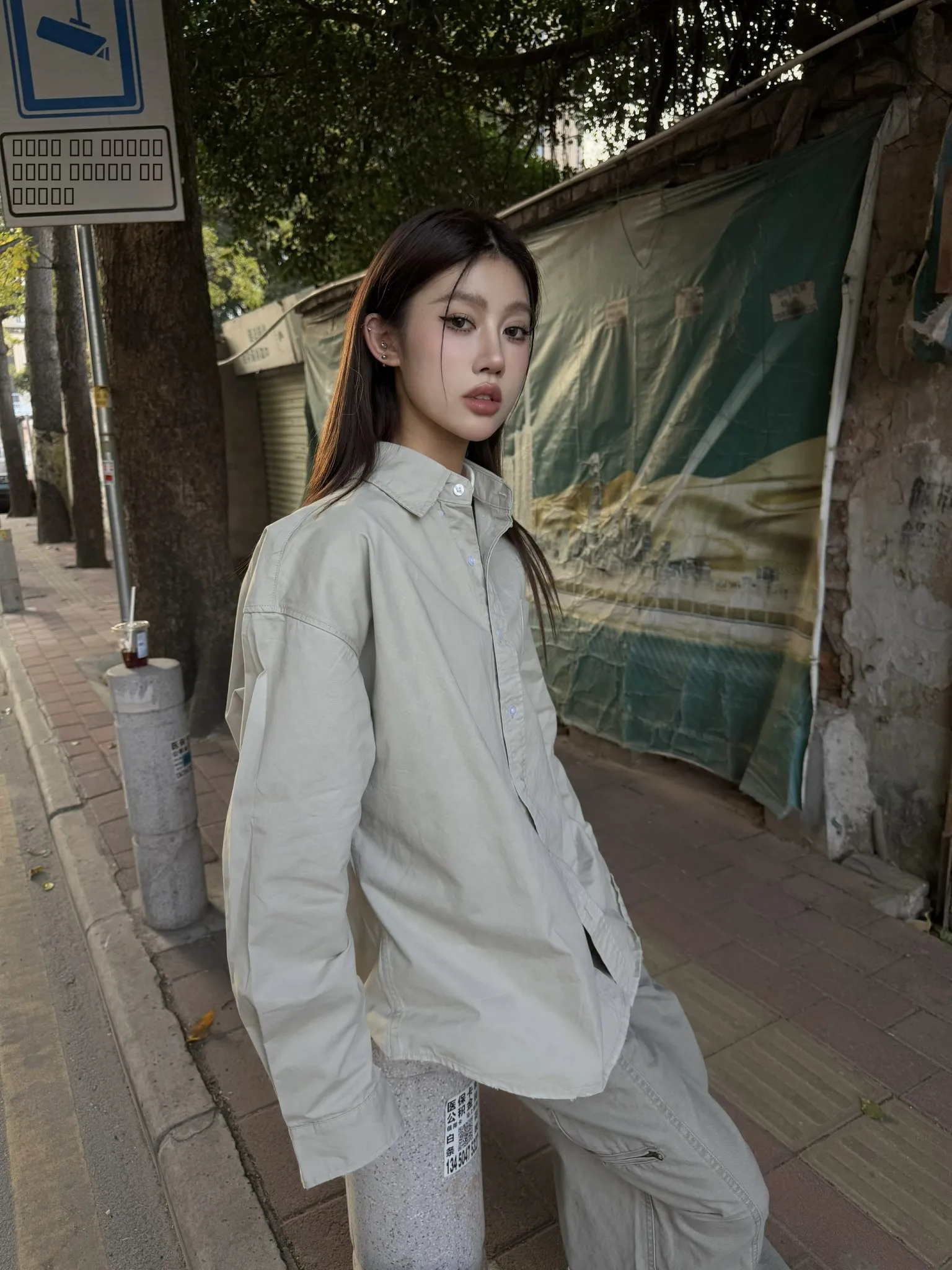 

TheLike Original Spring Summer 2025 Loose Large Version Long Sve irt Sun Protection Beige Color Women's Faion irt