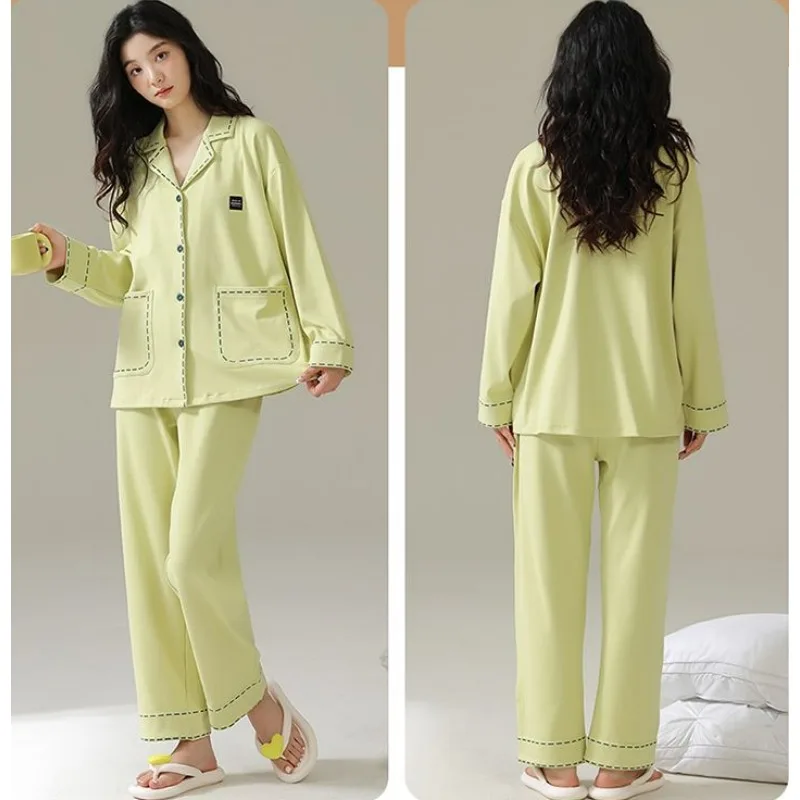 2024 New Female Pajamas Spring Autumn Women Casual Cardigan Long Sleeve Loose Cotton Sleepwear Set Simple Sweet Home Wear Suit