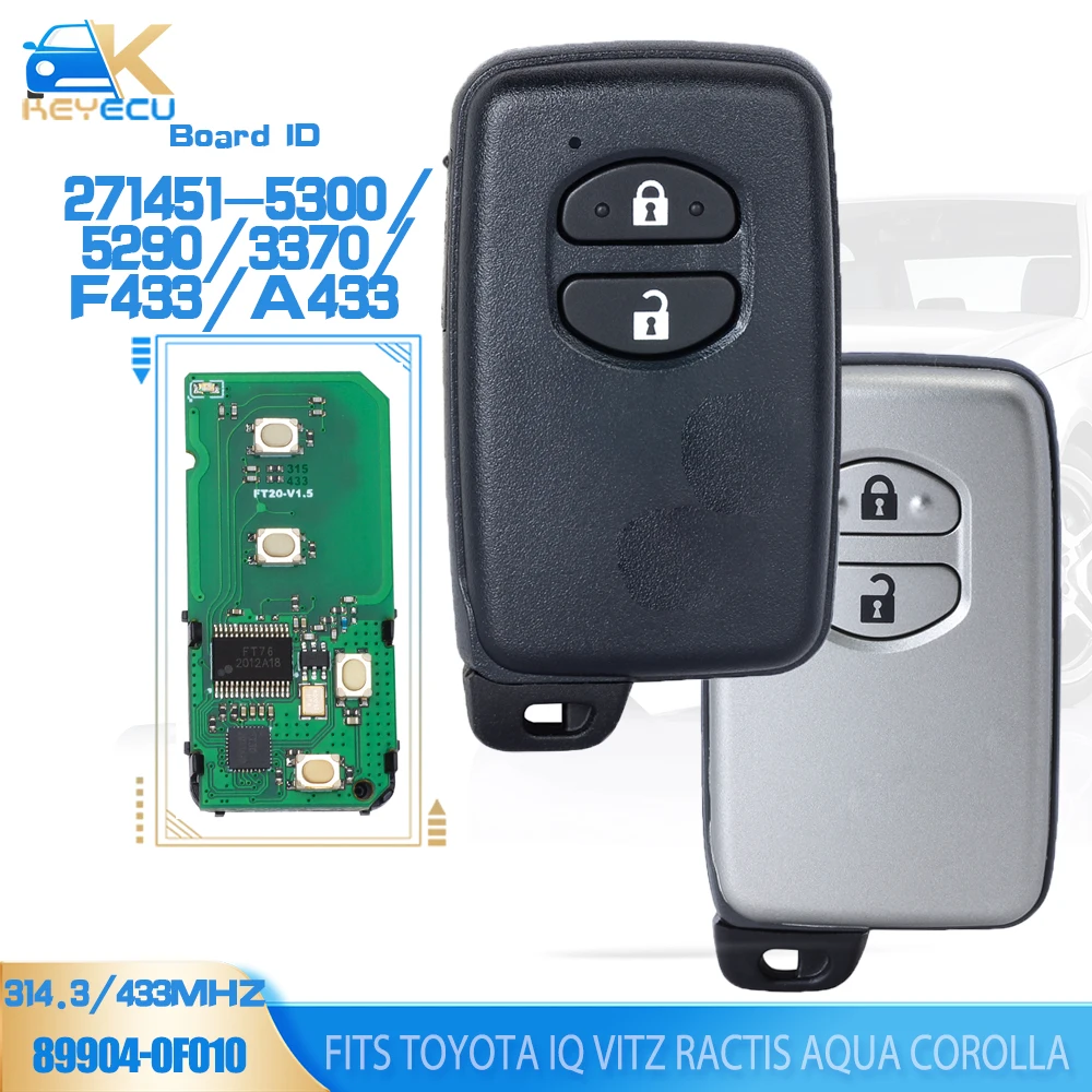 KEYECU Board ID: F433 A433 271451-3370 / 5300 / 5290 Smart Card Remote Key Fob for Toyota IQ Vitz Ractis Aqua Corolla