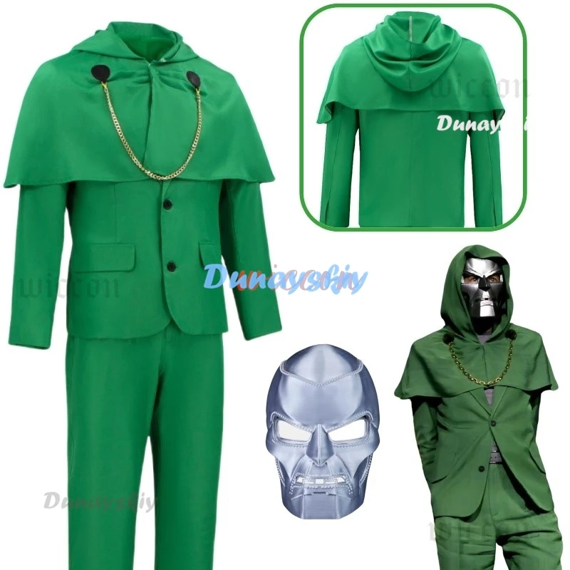 Film Doctor Doom Cosplay Kostüm Maske Erwachsene Unisex Grüne Uniform Mantel Hosen Anzug Doom Cosplay Halloween Outfit Party