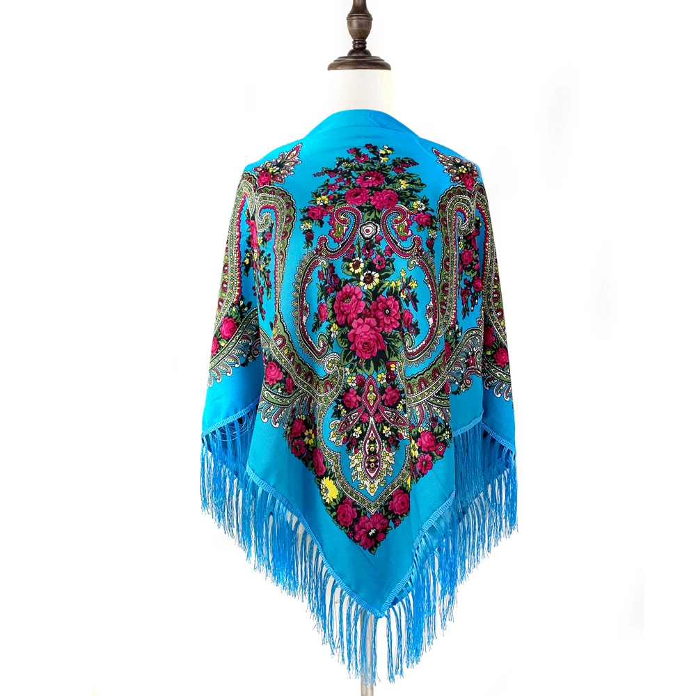 

135*135cm Russian Style Bandana Scarf Women Luxury Floral Print Square Scarves Babushka Head Wraps Fringed UKrainian Shawl