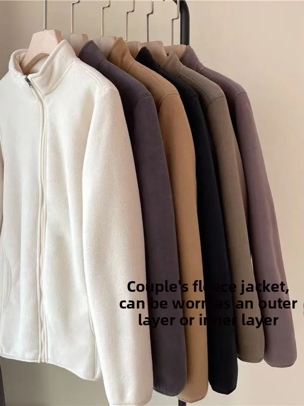 

Couples Double Layer Fleece Lined Thickened Stand Collar Jacket Warm Pure Color Autumn Winter Outerwear for Men And Women