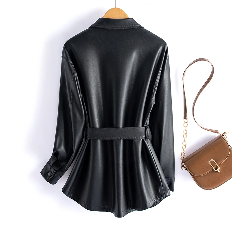 Sheepskin Leather Jacket Women Short Fashion Irregular Turn-down Collar Lace-up Belt Chic Office Ladies Real Leather Jacket Coat