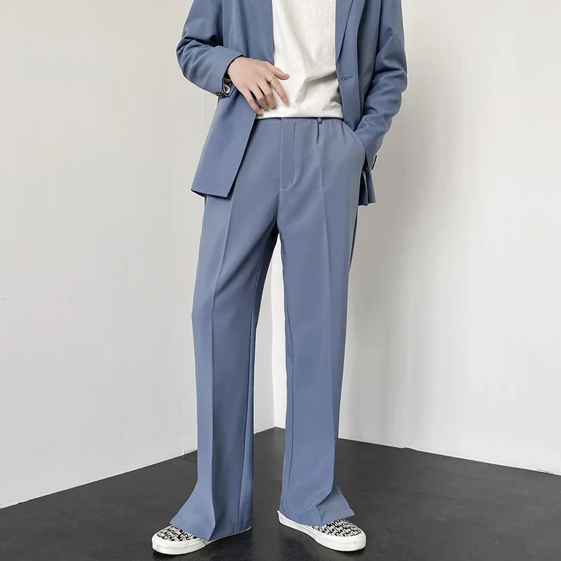 Men Casual Pants 2024 Summer New Fashion Korean Slim Suit Pants Personality Slit Wide Blazer Trousers Male Streetwear