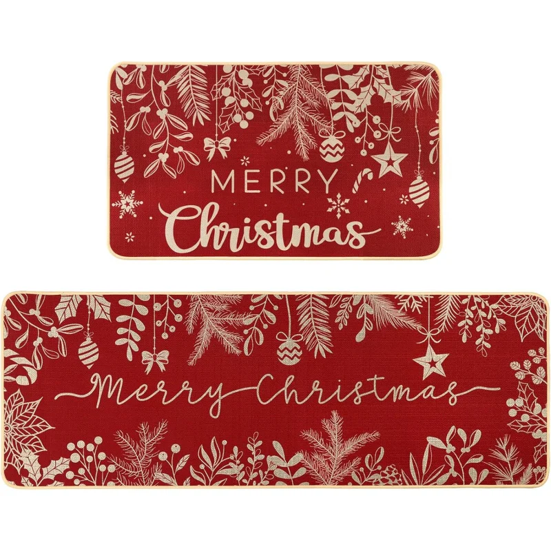 

Christmas Kitchen Carpet Set with 2 Holly Branches Red Bedroom Farmhouse Decoration Door Mat 16inX24in 17inX47in