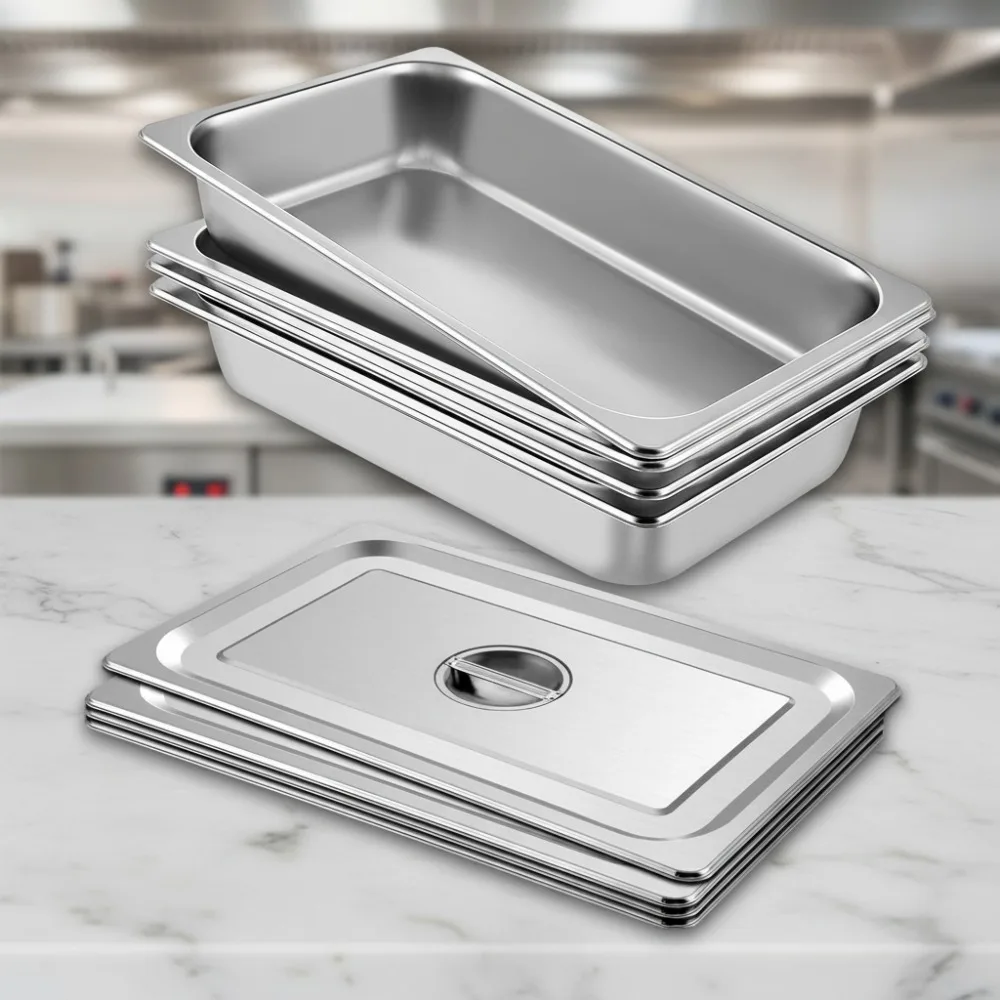 

Коммерческие паровые столы из нержавеющей стали с крышками, 4 шт., полноразмерные гостиничные кастрюли глубиной 3,7 дюйма для общественного питания и шведского стола