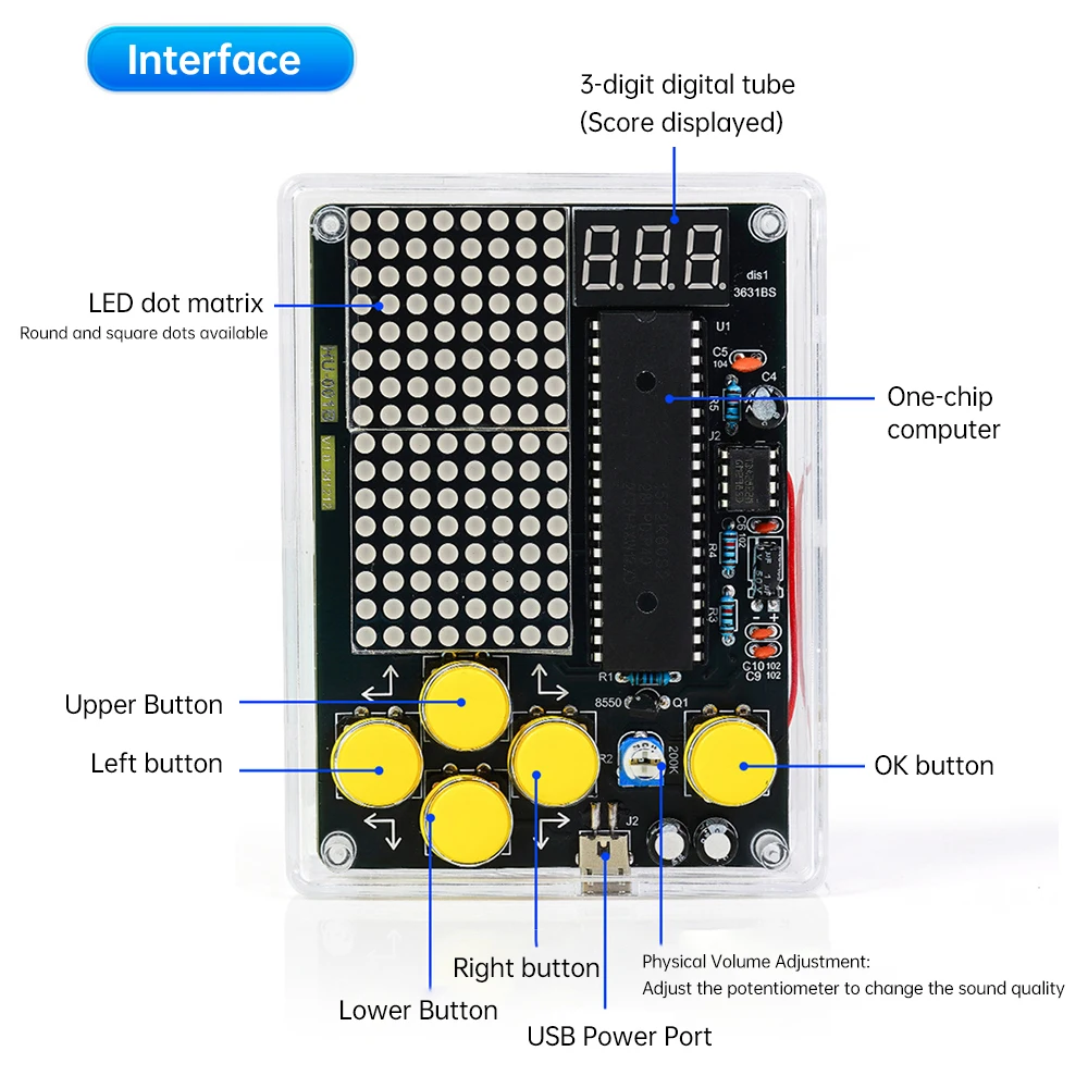 Voice version 7 pixel game console electronic DIY kits Muyu handheld 51 single-chip computer DIY welding practice parts USB